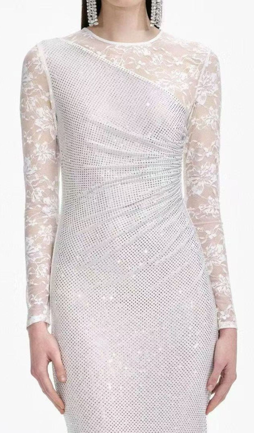 Raerion Dazzling White Rhinestone Lace Maxi Gown