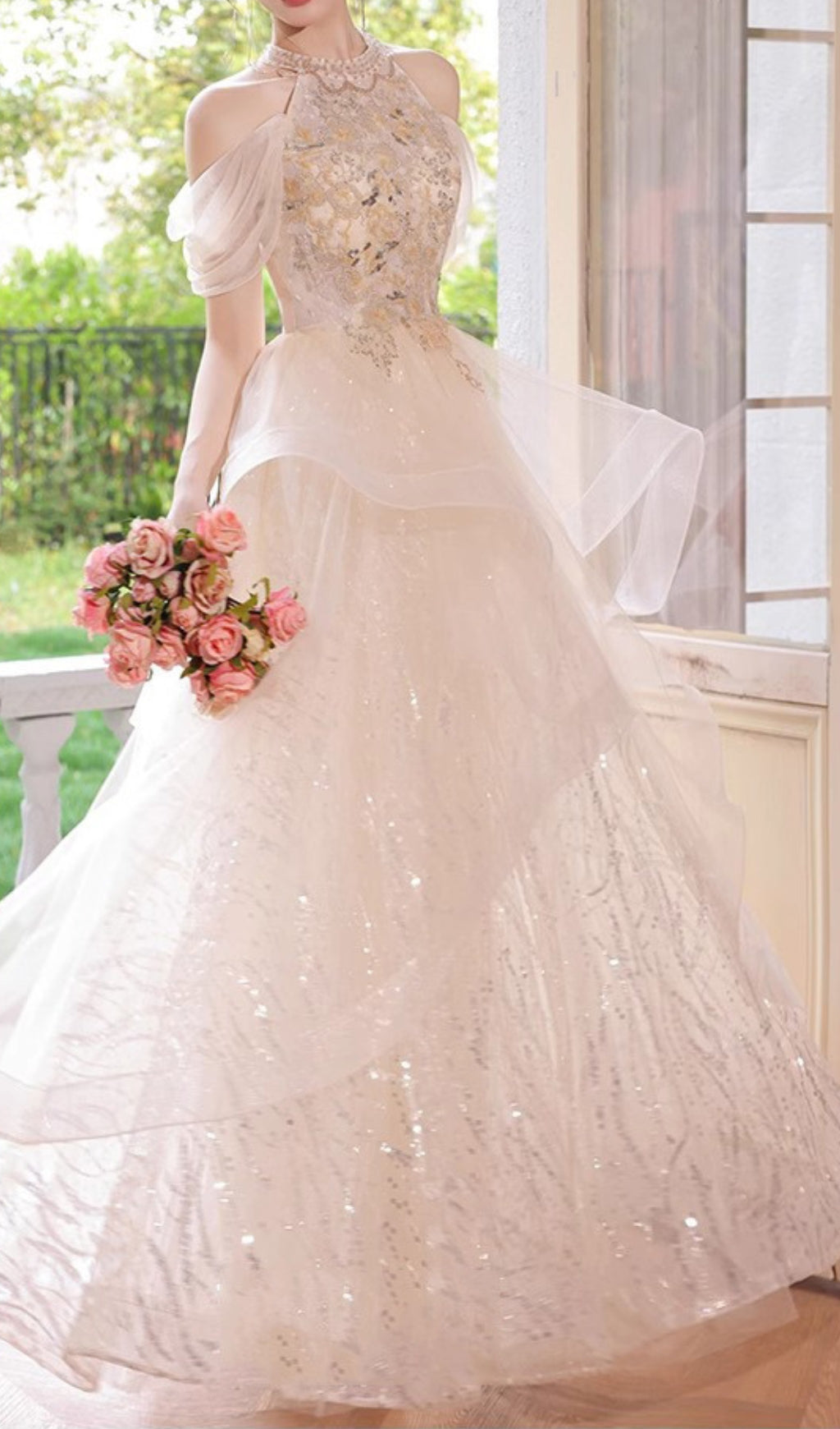 Chione Dazzling Champagne Halter Sequin Mesh Maxi Dress with Romantic Off-Shoulder Sleeves