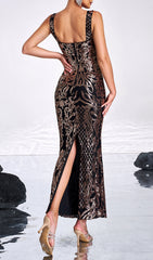 Chaz Dazzling Black & Gold Sequin Strappy Maxi Dress