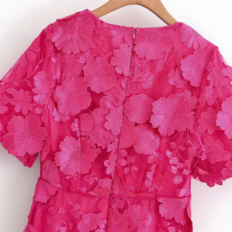 Enchanting Ilka Pink Floral Embroidered Midi Dress for Women