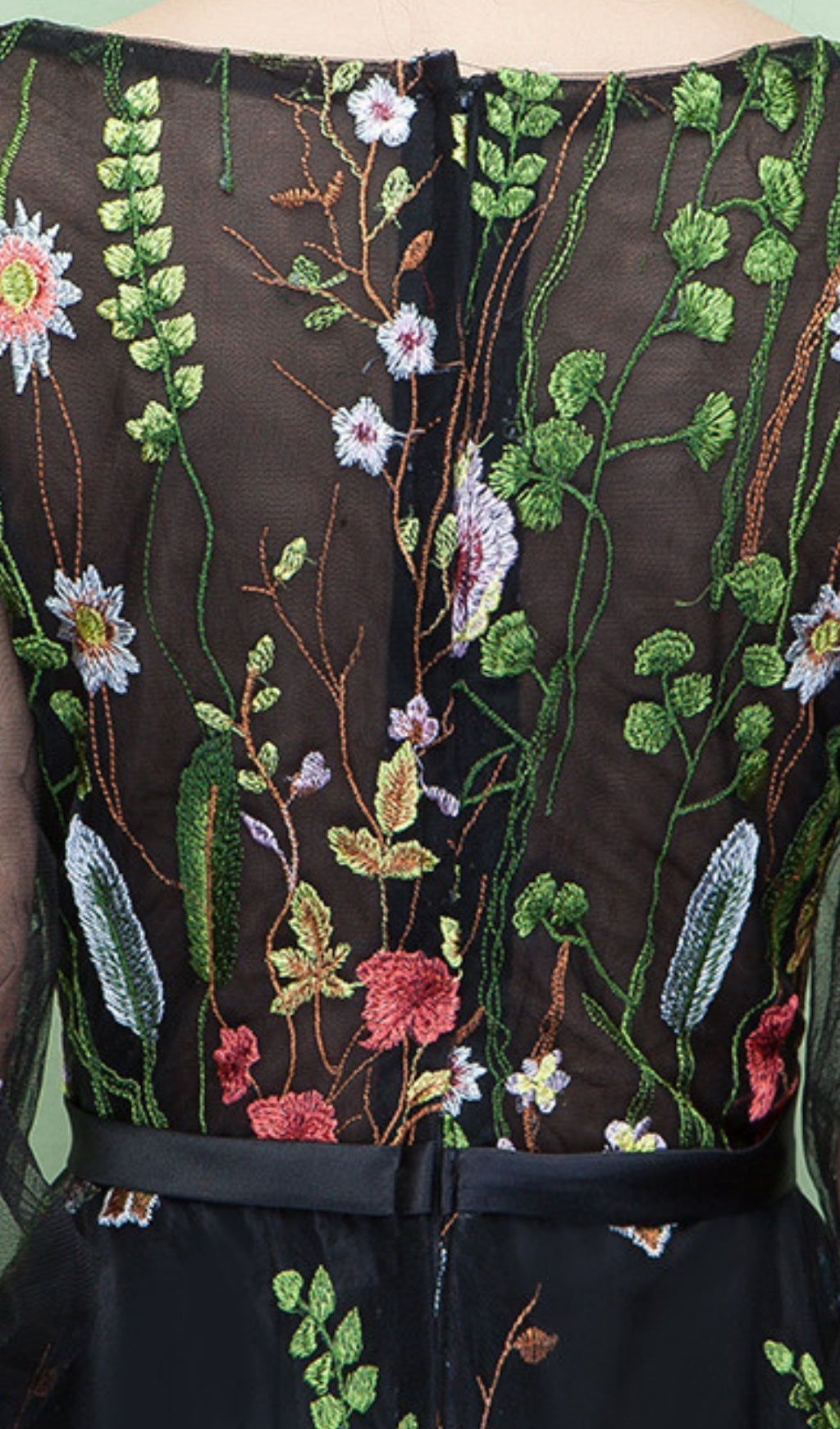 Dannell Elegant Black Floral Embroidered Mesh Sleeve Maxi Dress