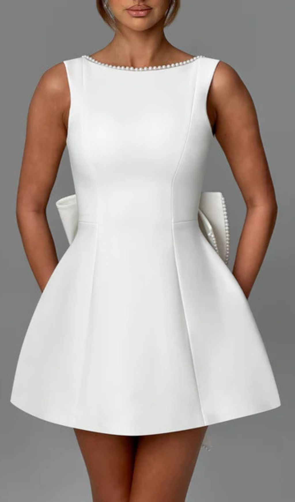 Eimear Elegant White Backless Pearl Bow Satin Mini Dress