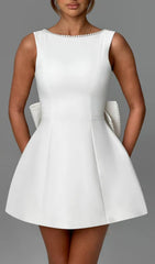 Eimear Elegant White Backless Pearl Bow Satin Mini Dress