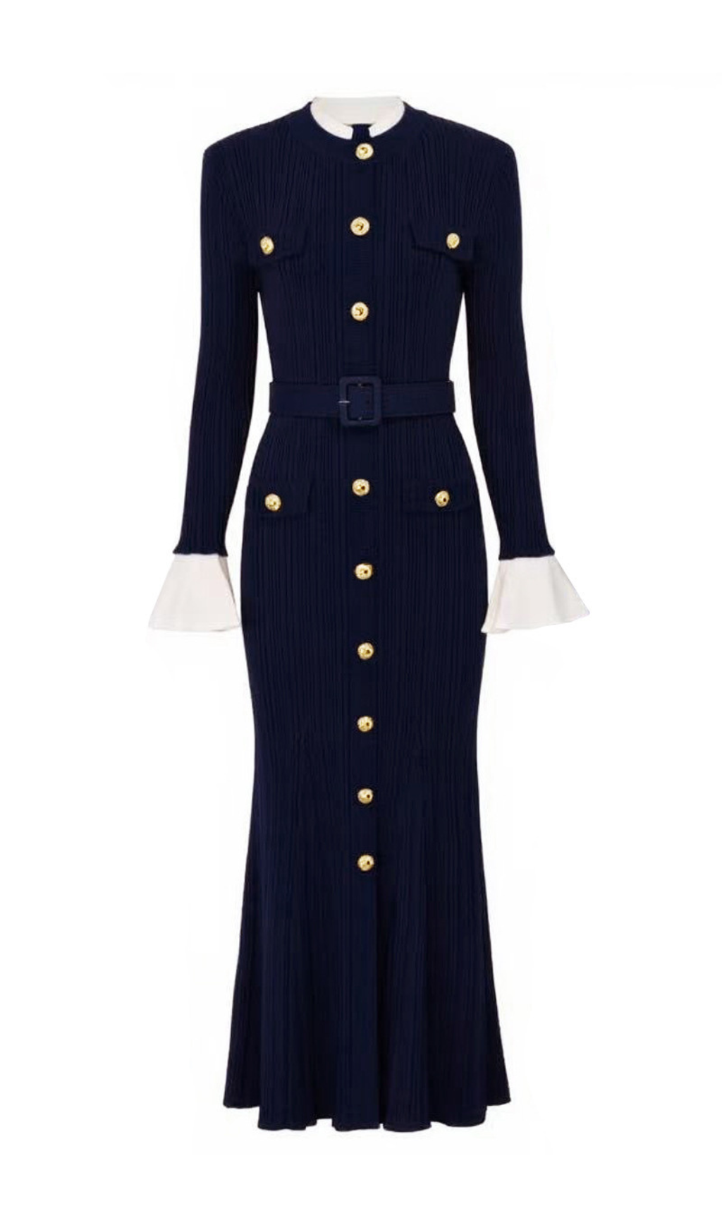 Chic Navy Ribbed Knit Button-Front Midi Dress