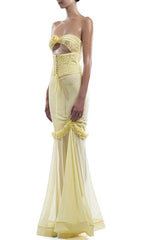 Evren Yellow Ethereal Strapless Corset Maxi Dress with Ruffles