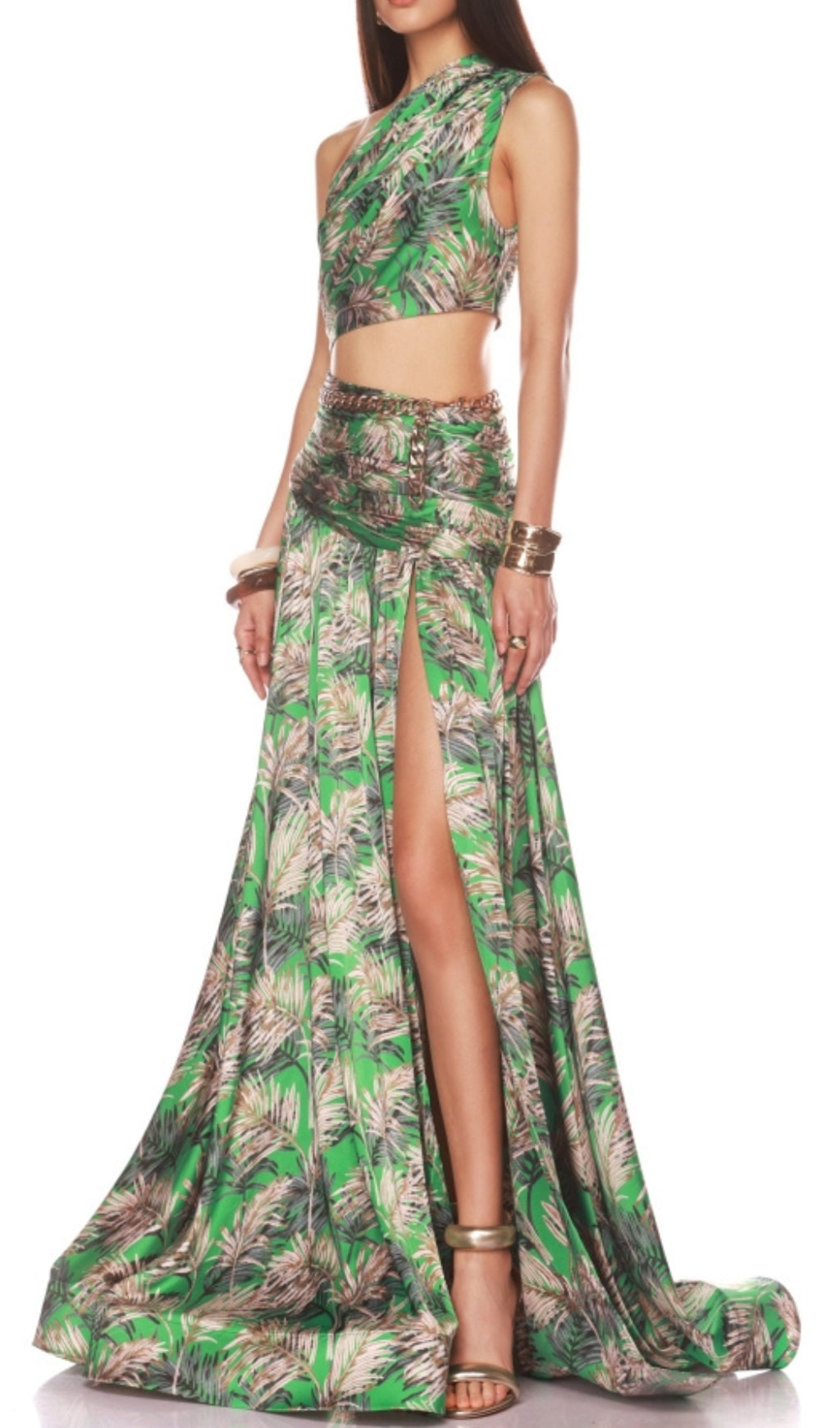 Evelien Green Tropical Print One-Shoulder Crop Top & Skirt Set