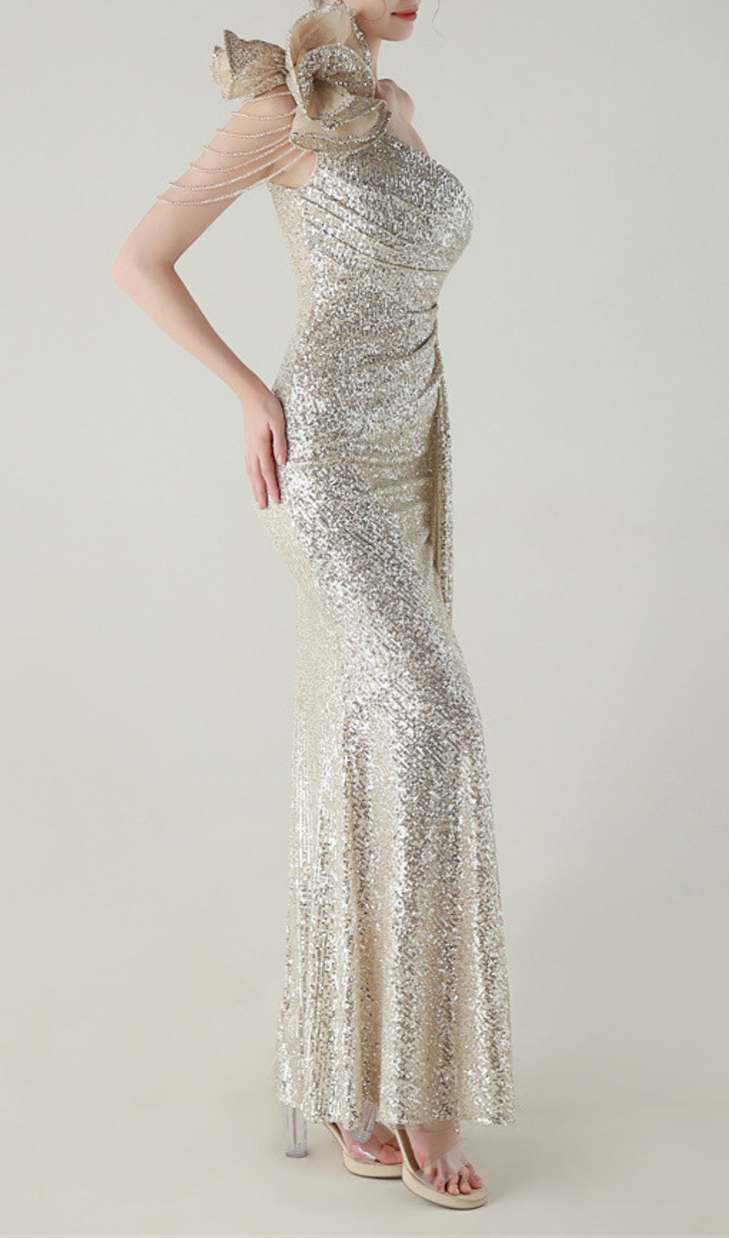 Ikia Silver Sequin One-Shoulder Maxi Dress