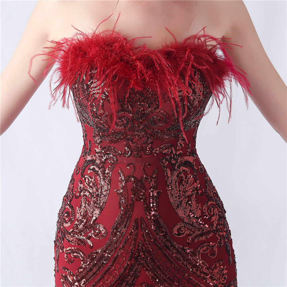 Choire Red Sequin Feather Mermaid Gown