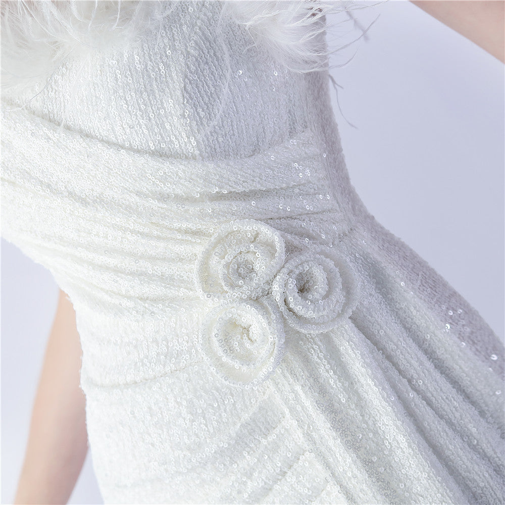 Glamorous White Sequin Feather High Slit Maxi Gown