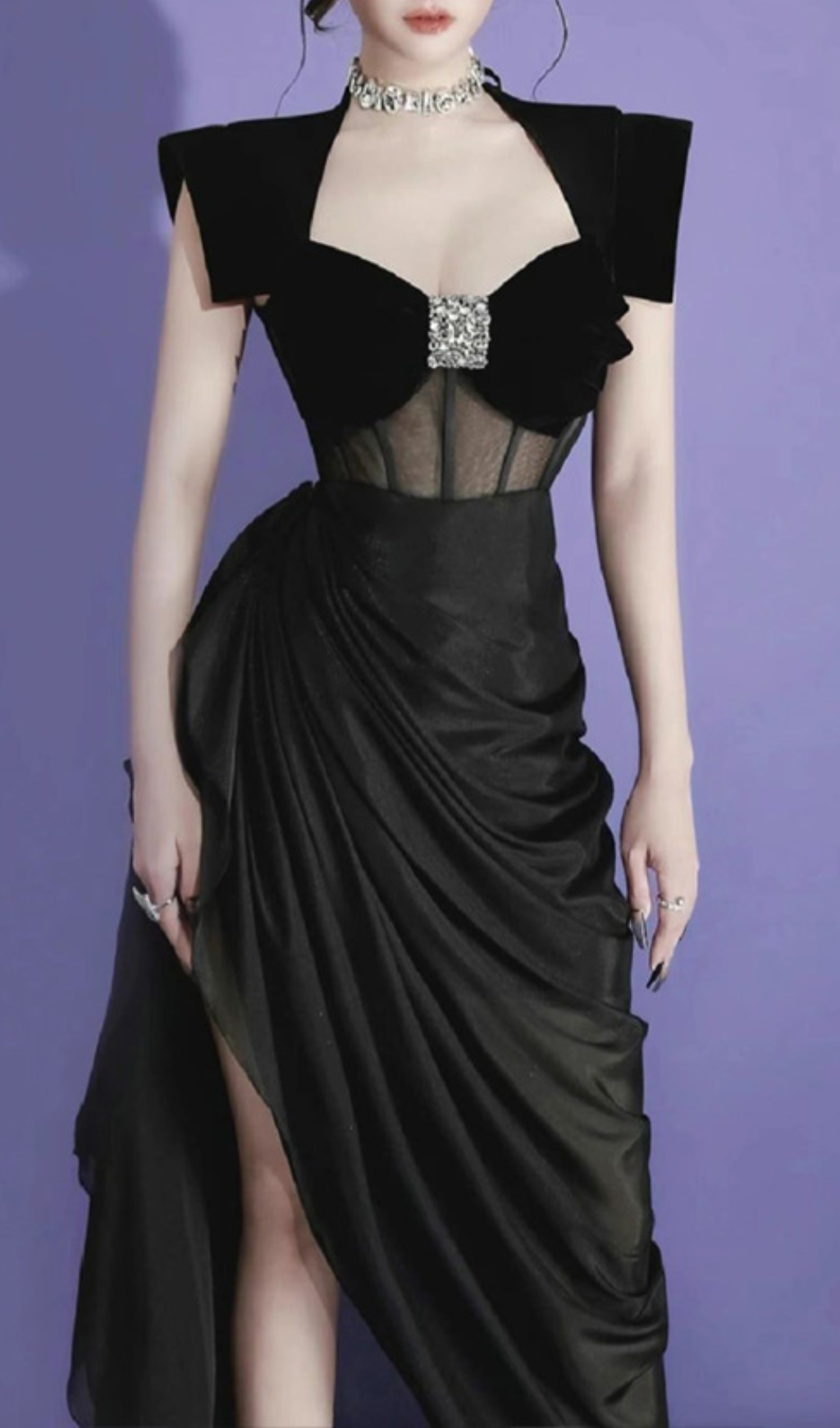 Godiva Black Corset Ruched Maxi Dress