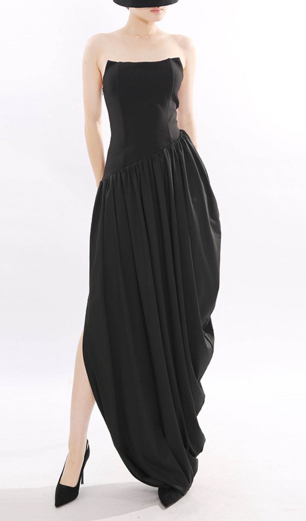 Jethra Black Strapless Asymmetrical Maxi Dress