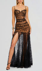 Cecily Black Lace & Nude Bustier Maxi Dress