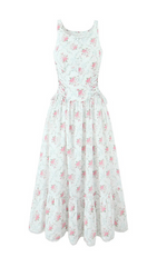 Haruhi Romantic Floral & Ribbon Sleeveless Midi Dress with Lace Trim
