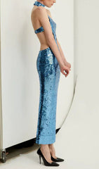 Barny Blue Halter Sequin Maxi Dress