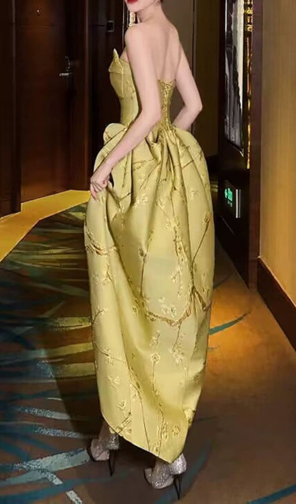 Chic Sage Green Strapless Floral Jacquard Draped Maxi Dress