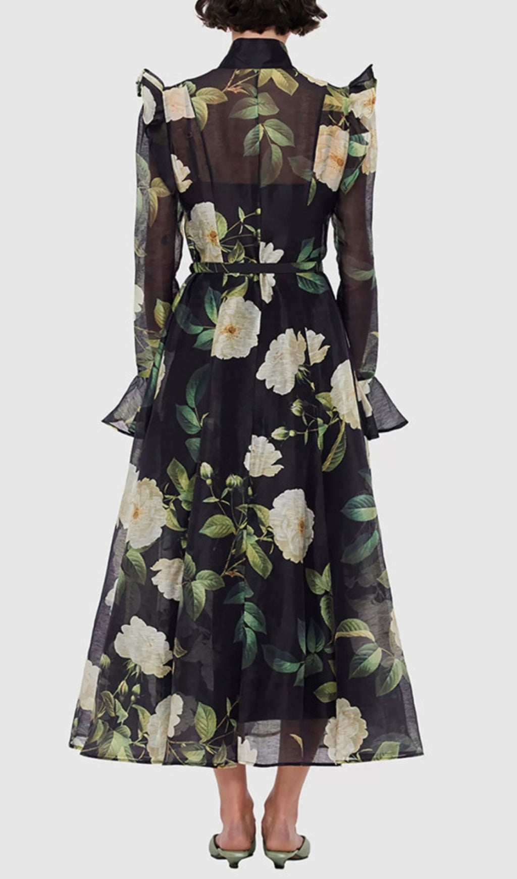 Eder Black & White Rose Print Sheer Midi Shirtdress