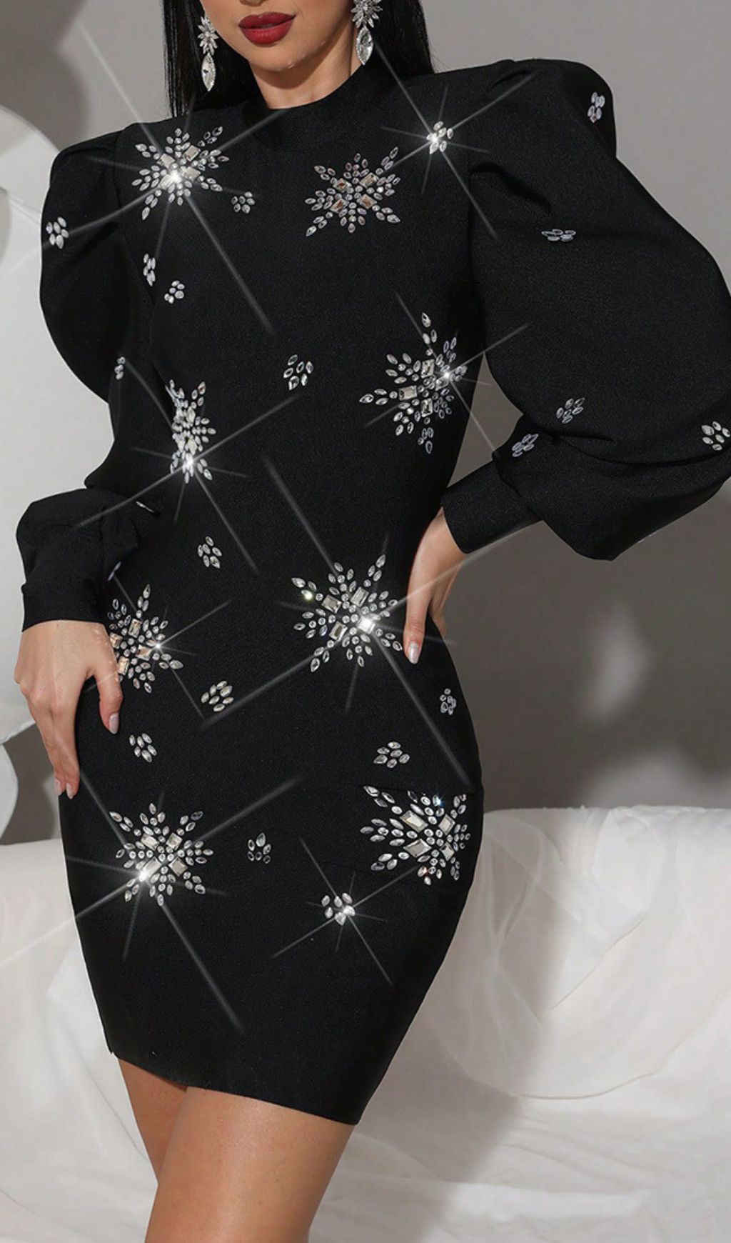 Hanaye Glamorous Black Diamante Snowflake Mini Dress