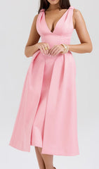 Dilanne Pink V-Neck Pleated Midi Dress