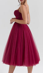 Diellza Wine Red Tulle Midi Dress
