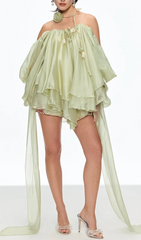 Galini Sage Green Flowy Ruffle Mini Dress with Floral Choker