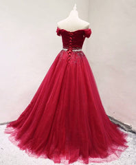 Beautiful Dark Red Tulle Off Shoulder Long Prom Dress