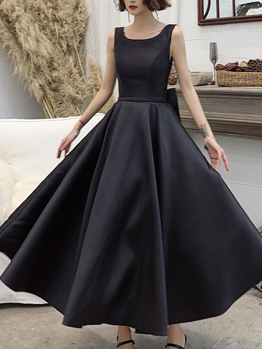 Black Satin Backless Tea Length Party Dress