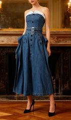 Isako Chic Strapless Denim Midi Dress with Belt