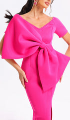 🔥 Turn Heads! Ambrosine Pink Bow-Knot Midi Dress