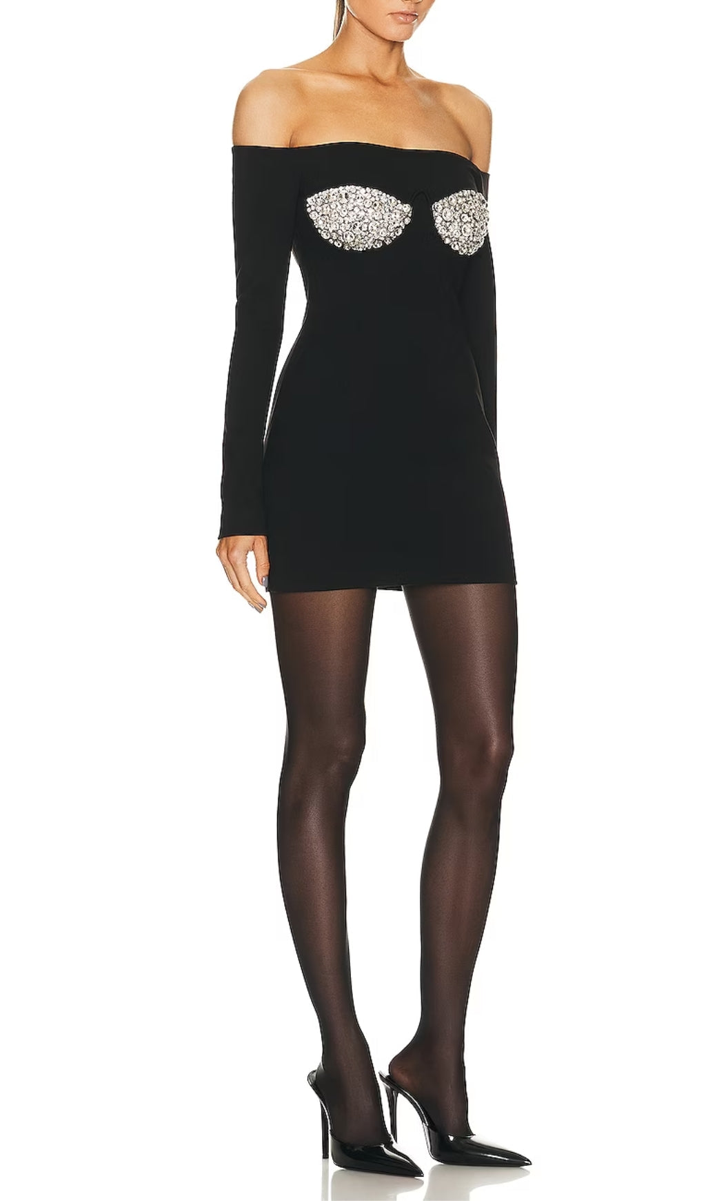 Glamorous Black Off-Shoulder Crystal Bustier Mini Dress