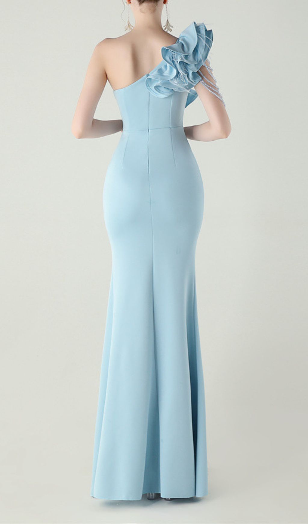 Ijlal Sky Blue One-Shoulder Ruffle Maxi Gown with Slit