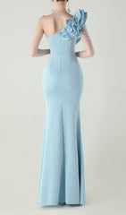 Ijlal Sky Blue One-Shoulder Ruffle Maxi Gown with Slit