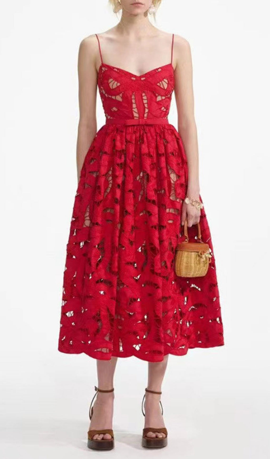 Fay Red Cutout Embroidery Strappy Midi Dress