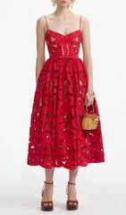 Fay Red Cutout Embroidery Strappy Midi Dress