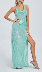Glamorous Mint Green Sequin Maxi Dress with Draped Cowl Neck & High Slit