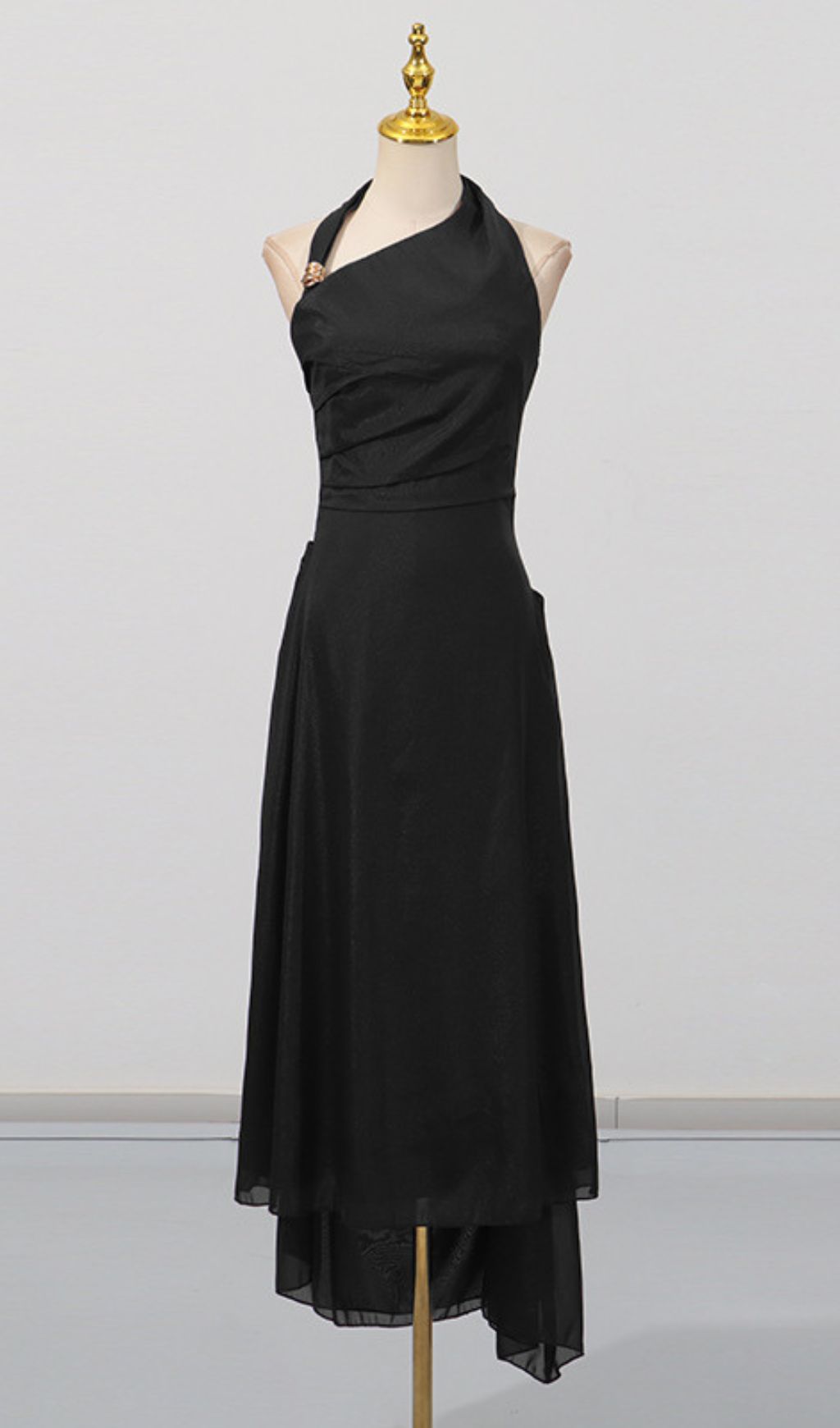Gibson Black Halter Maxi Dress with Gold Accent & Draped Silhouette