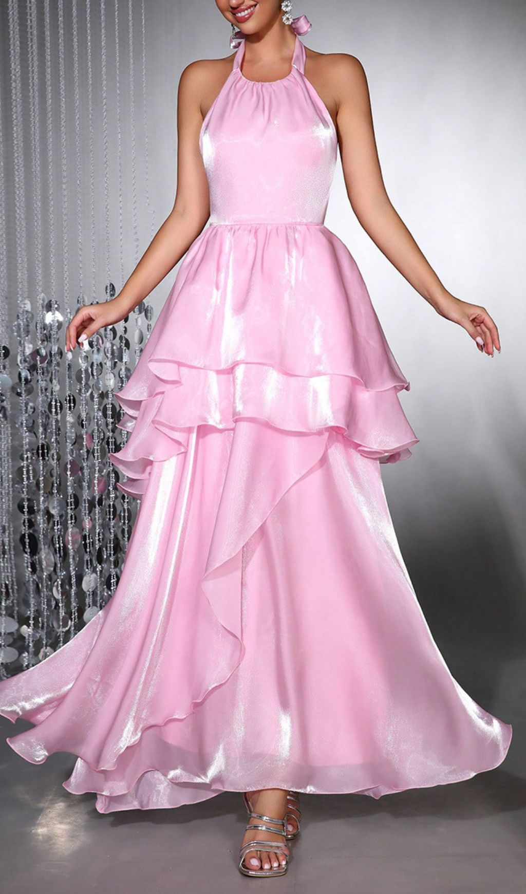 Haloke Shimmer Pink Halter Tiered Ruffle Maxi Dress