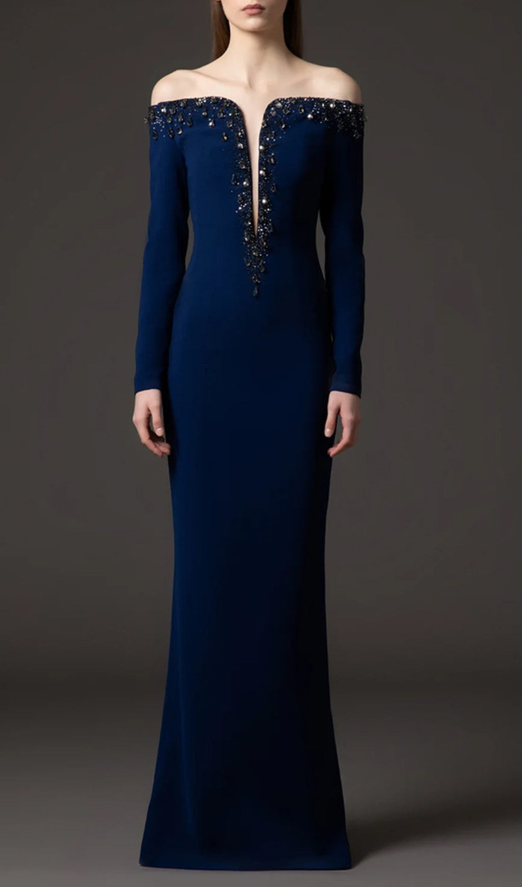 Stunning Eurybia Navy Off-Shoulder Crystal Embellished Maxi Gown