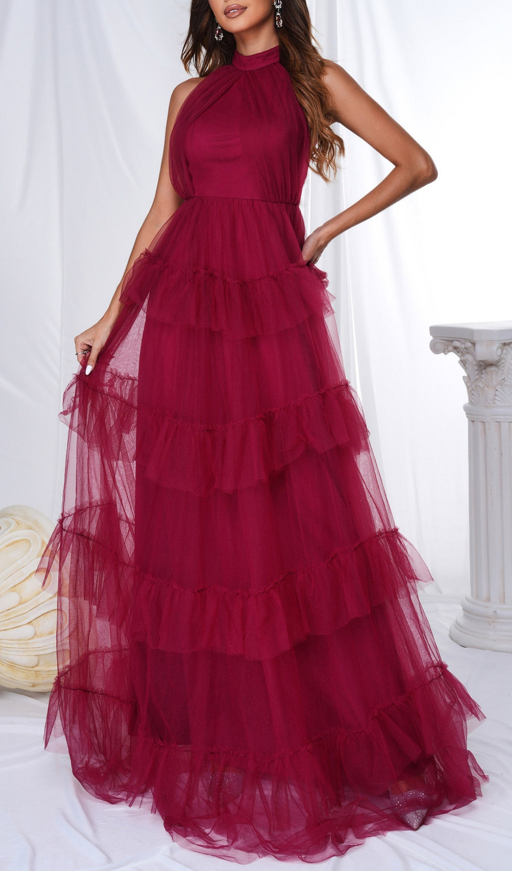 Glamorous Wine Red Halter Tiered Tulle Maxi Dress