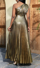 Glamorous Gold Pleated One-Shoulder Maxi Dress