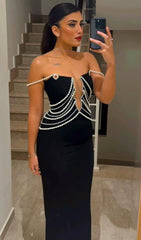 Clifton Dazzling Black Pearl Embellished Bandage Maxi Gown