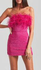 Hot Pink Sequin Feather Strapless Mini Dress