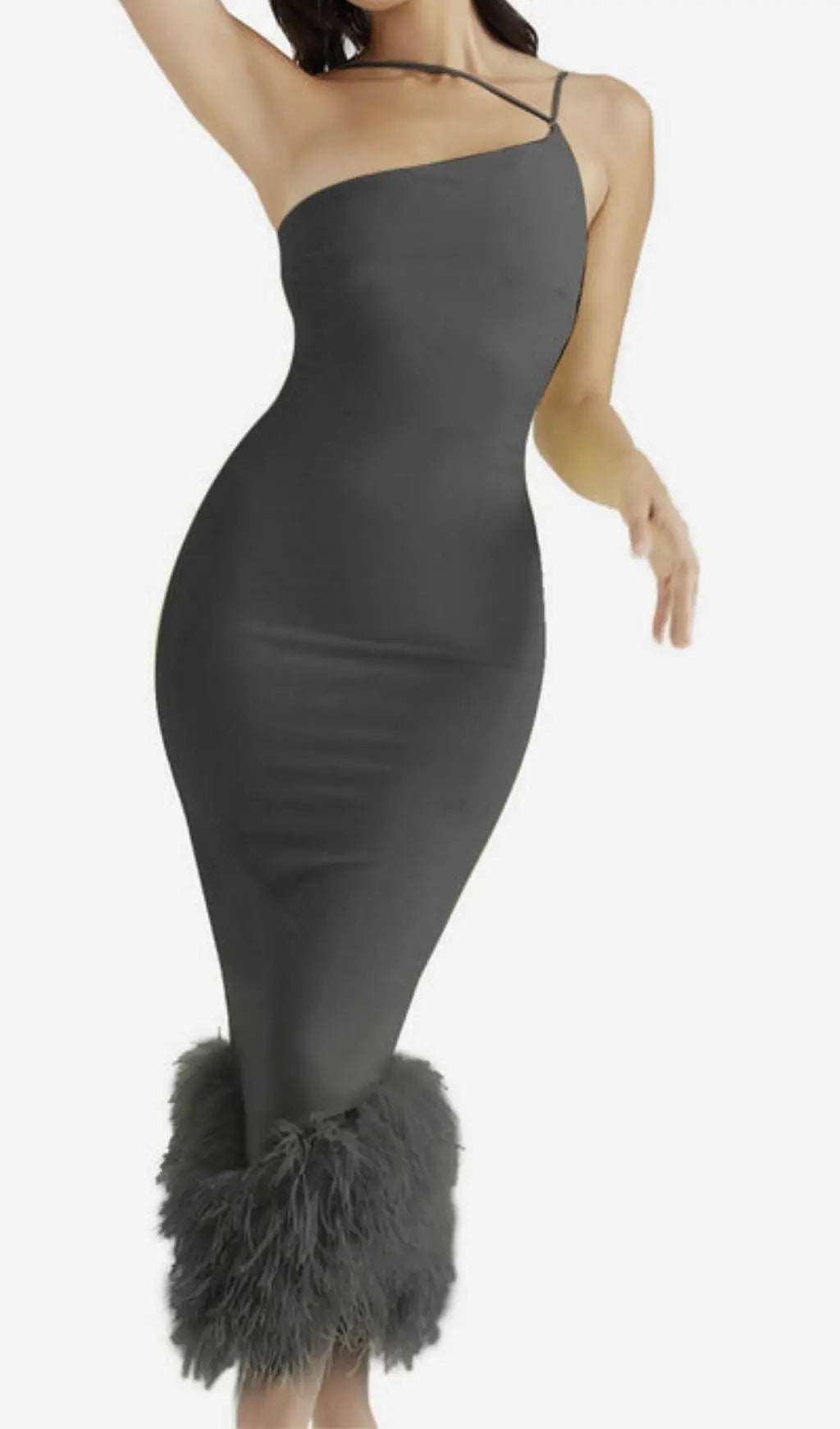 Glamorous One-Shoulder Feather Trim Bodycon Maxi Dress