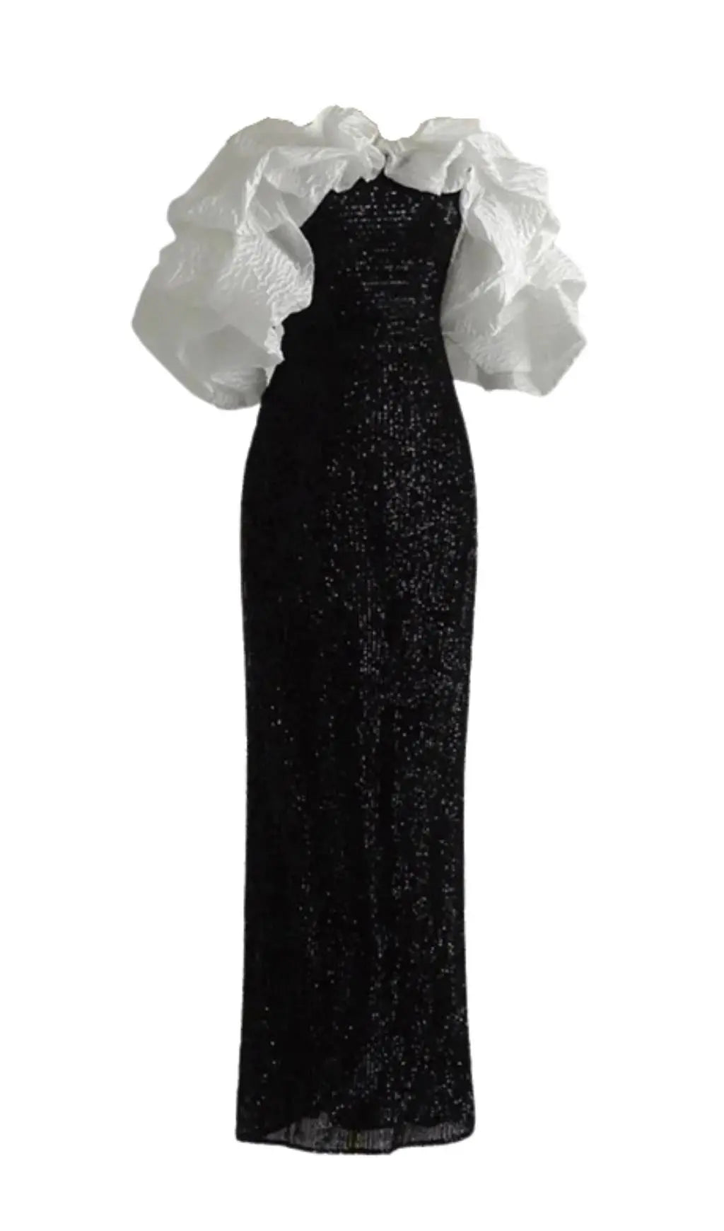 Glamorous Sequin Off-Shoulder Maxi Dress with Chic Bubble Sleeves & Backless Detail