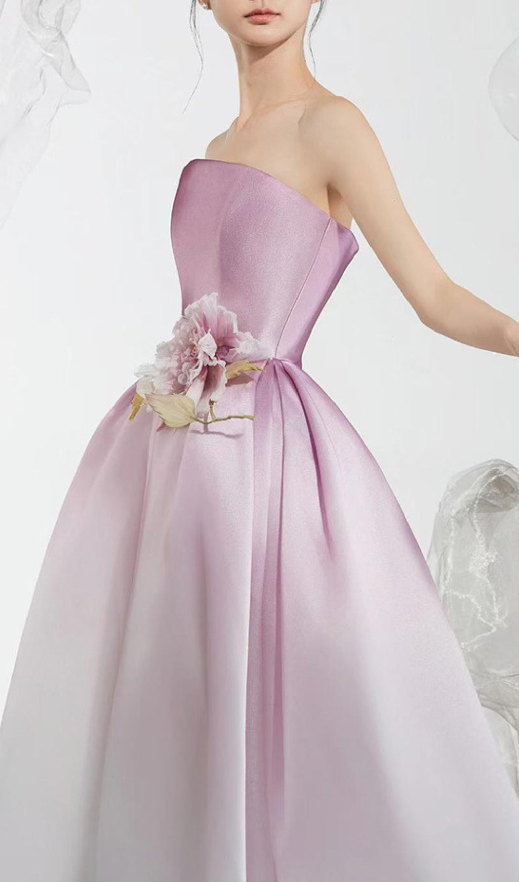 Ethereal Blushing Ombre Strapless Floral Maxi Gown