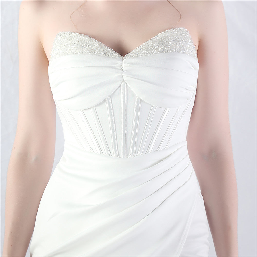 Chizue Elegant White Strapless Corset Maxi Gown with Thigh Slit