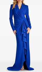Jovie Elegant Cobalt Blue Ruched Long Sleeve Maxi Gown
