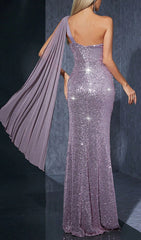 Helmi Glamour One-Shoulder Sequin Mesh Maxi Dress