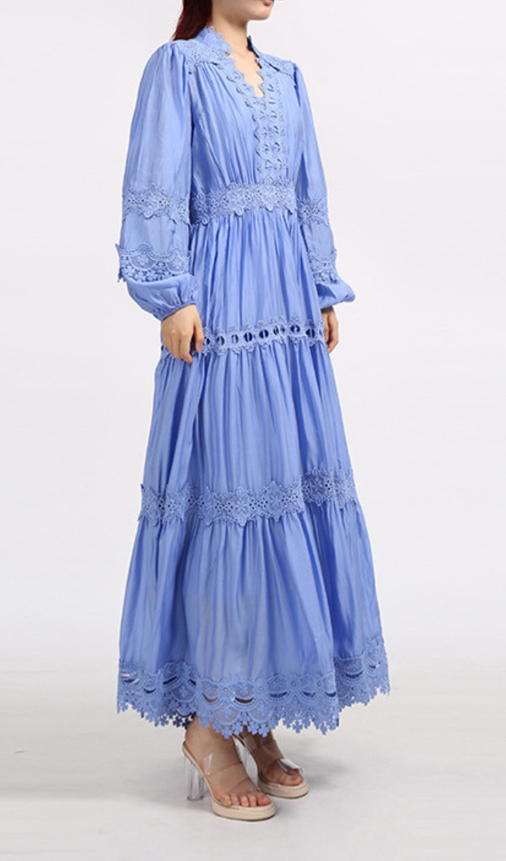 Este Periwinkle Blue Boho Lace-Trim Long Sleeve Maxi Dress
