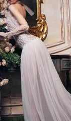 Jillian Glamorous Strapless Beaded Mesh Maxi Gown with High Slit