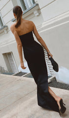 Showstopper Black Strapless Maxi Dress with Dazzling Crystal Bow & Plunge Cutout